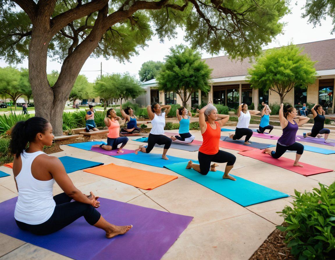 A diverse group of individuals of all ages and backgrounds coming together in a vibrant Texas community setting, engaging in various health and wellness activities like yoga, cooking classes, and health workshops. The scene is filled with lush greenery, health equity symbols, and warm, inviting community centers. The atmosphere exudes hope, inclusivity, and the spirit of partnership. bright colors. super-realistic.