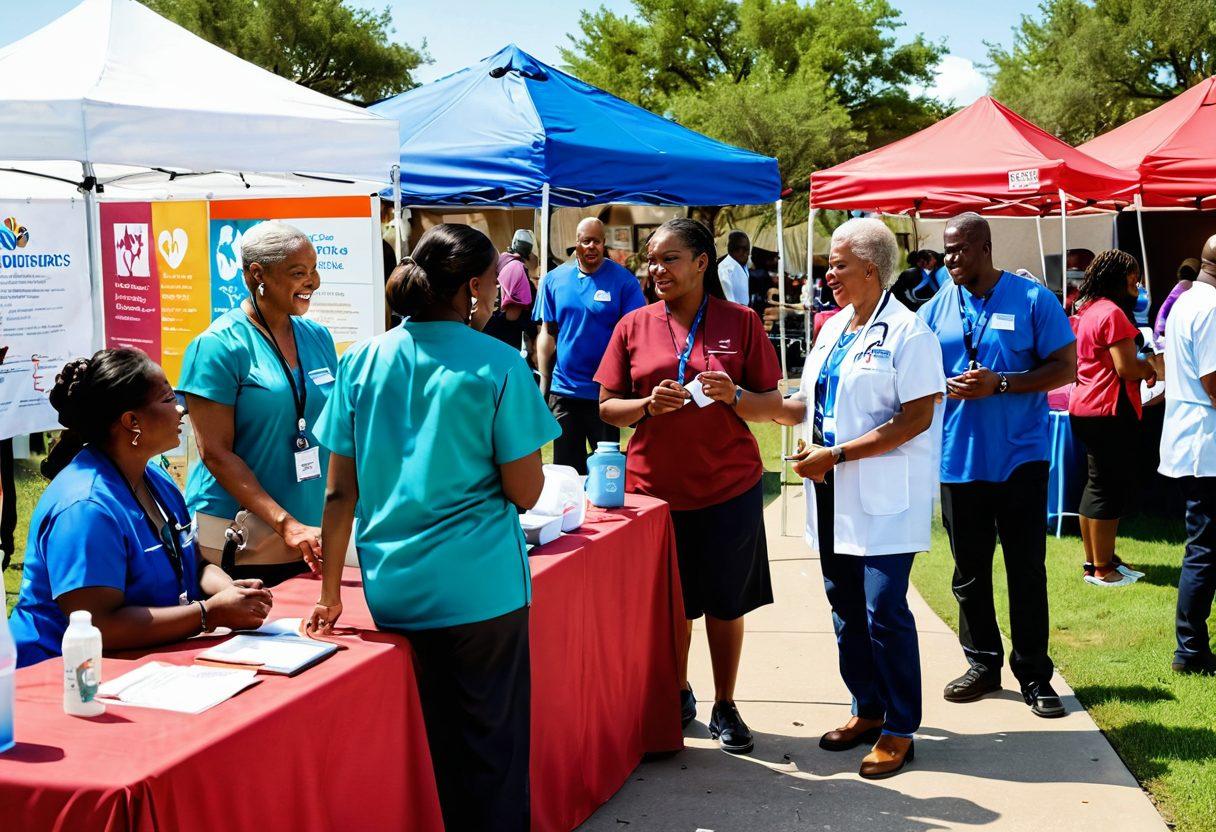 A vibrant Texas landscape featuring diverse community members engaged in a health fair, showcasing accessible healthcare initiatives. Include elements like mobile health clinics, informational booths, and individuals interacting with healthcare professionals. Display icons of health and wellness, such as stethoscopes and heart symbols, blending cultural diversity and unity. Use warm, inviting colors to evoke a sense of hope and community spirit. super-realistic. vibrant colors. 3D.