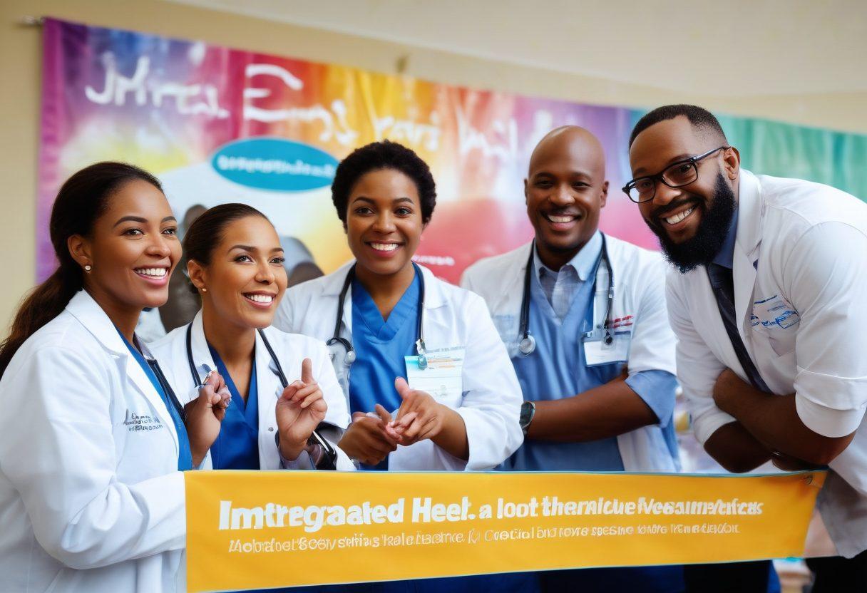 A vibrant scene showcasing a diverse group of healthcare professionals engaging with community members in a lively outreach event. In the background, a colorful banner reading 'Integrated Health Services' emphasizes the transformative impact. Incorporate elements like health check-up stations, educational materials, and smiling faces that convey hope and connection. Use warm colors to create an inviting atmosphere. super-realistic. vibrant colors. white background.